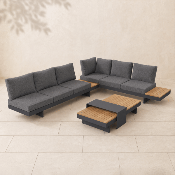 Axis Set divano modulare da esterno 4 pezzi in teak e alluminio per 6 persone, Grigio con copertura nera