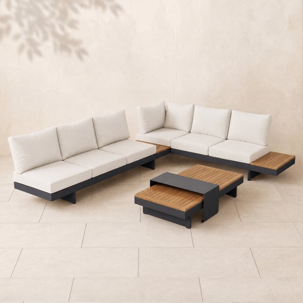 Tevara 4-Piece Outdoor Teak & Aluminum Modular Sofa Set for 6 in Ivory with Black Cover