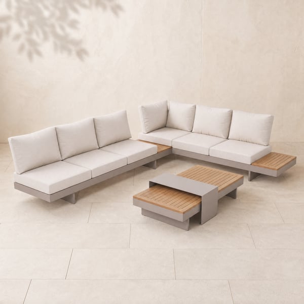 Axis 4-delige Outdoor Teak & Aluminium Modulaire Sofa Set voor 6 personen, wit met zwarte hoes