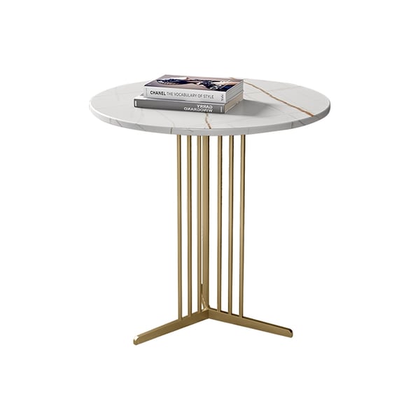 Modern White Sintered Stone End Table Round Side Table Gold Base Accent