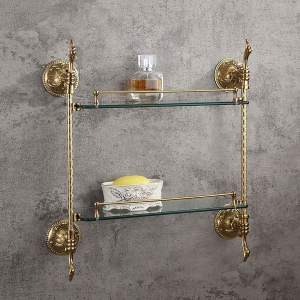 Atre Gold Finish Dual Tier Bathroom Shelf Wall Mounted Glass Shelf with ...
