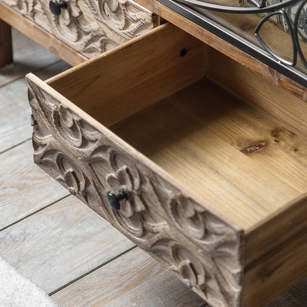 Industrial Rustic Carved Patterns Glass Doors with 2 Drawers