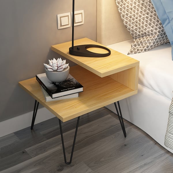 Minimalist Natural Nightstand Bedside Table Metal in Black Finish Homary