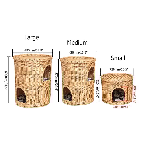 18.9" Handmade Wicker Cat Bed 2Tier Cat House Beige with Cotton Pad