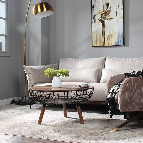 Rustic Round Coffee Table Wood Coffee Table with Basket Storage in