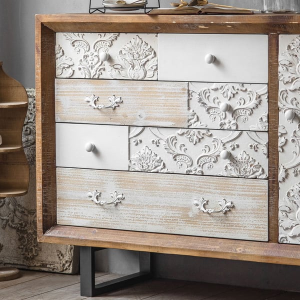 Vintage Rustic Distressed White Sideboard Buffet Embossed Scrollwork