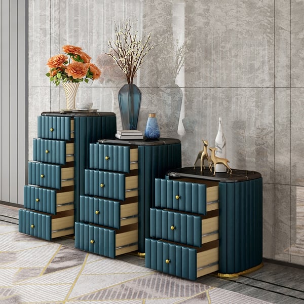 Modern 4 Drawer Black Faux Marble Top Dresser Chest with Blue Faux