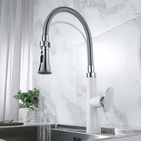 1Handle Pull Down Kitchen Tap Dual Spray in Matte White & Chrome Homary UK