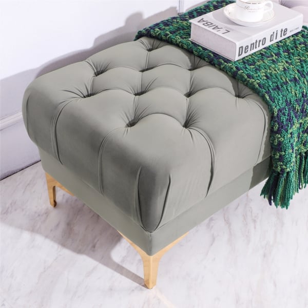 Tufted Bench Grey Velvet Upholstered Bench Ottoman Bench Gold Leg MidCentury BenchHomary