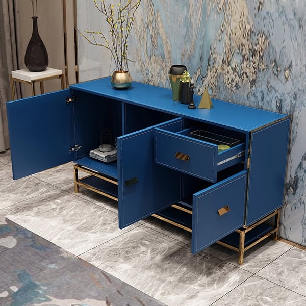 Modern 59" Blue Sideboard Buffet Table with Shelf Faux Leather