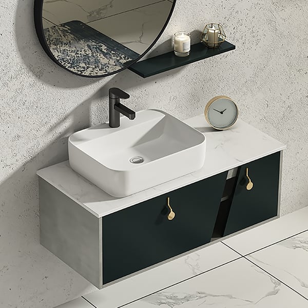 24" Wall-Mount Green & Gray Bathroom Vanity with Top Faux Marble Vessel Sink