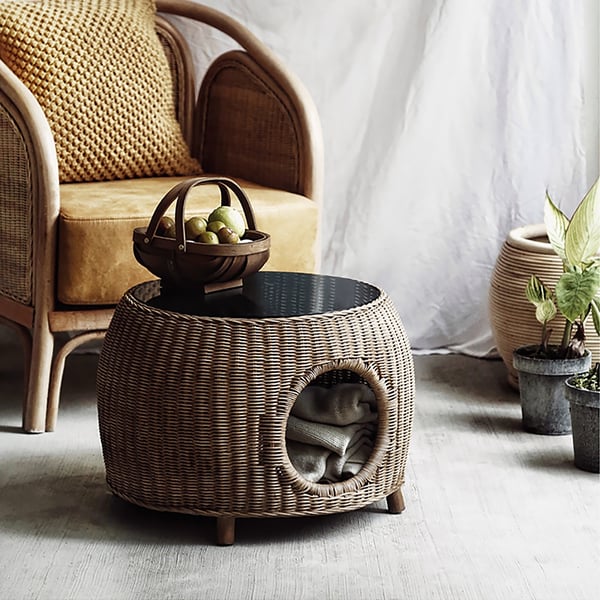550mm Brown Rattan End Table Cat Bed Round Black Tempered Glass Table