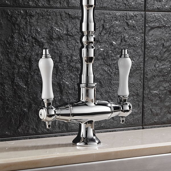 Porcelain Double Handles Single Hole Brass Kitchen Faucet in Polished Chrome Homary