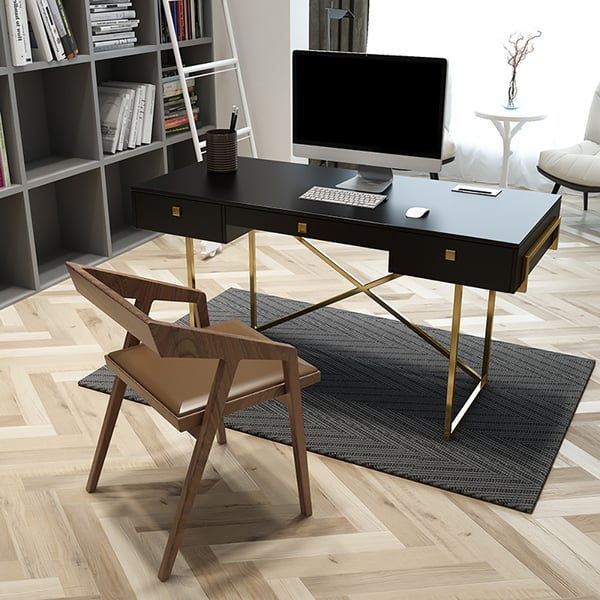 39" Rectangular Black Office Desk with Storage 3 Drawers X Base Gold