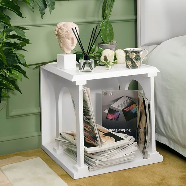 Nordic Style White End Table with Open Storage Shelf Square Wooden