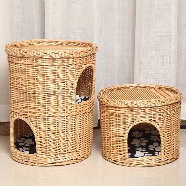 18.9" Handmade Wicker Cat Bed 2Tier Cat House Beige with Cotton Pad Homary