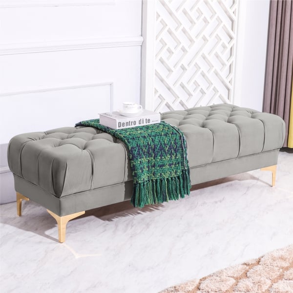 Tufted Bench Grey Velvet Upholstered Bench Ottoman Bench Gold Leg MidCentury BenchHomary
