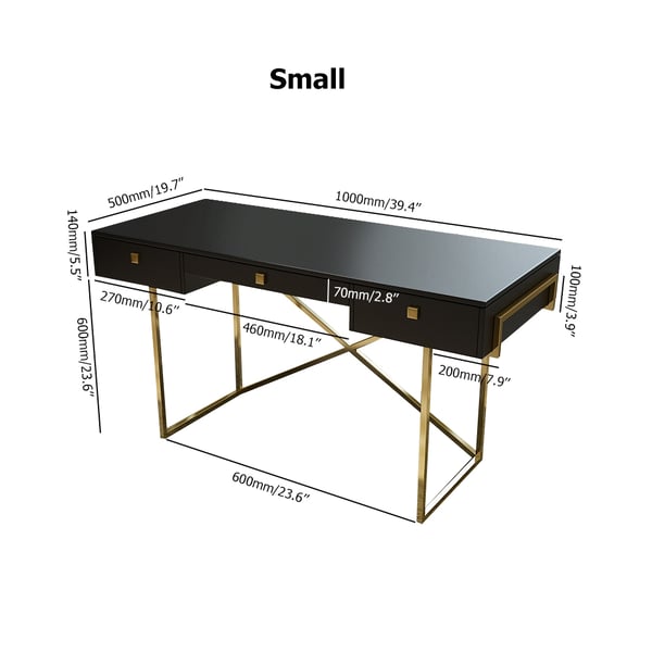 47" Rectangular Black Office Desk with Storage 3 Drawers X Base Gold Hardware Homary