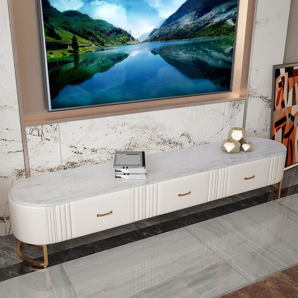 White Oval TV Stand Faux Marble Top Modern Media Stand with 3 Drawers for TVs up to 80" Homary