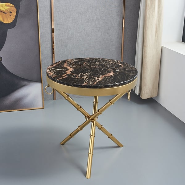 Modern Stylish Gold Side Table Round Black End Table with Faux Marble