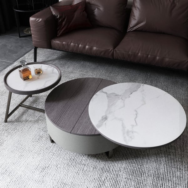 Gray Round Swivel Coffee Table with Storage Drawer 2 Piece Set White