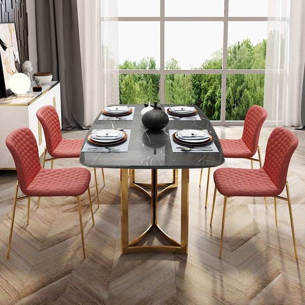 Modern 63" Rectangular Dining Table Faux Marble Top & Golden Base Black