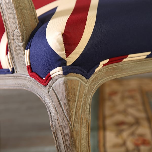 Rustic French Style Oak Upholstered Dining Chair Blue & Red Pattern