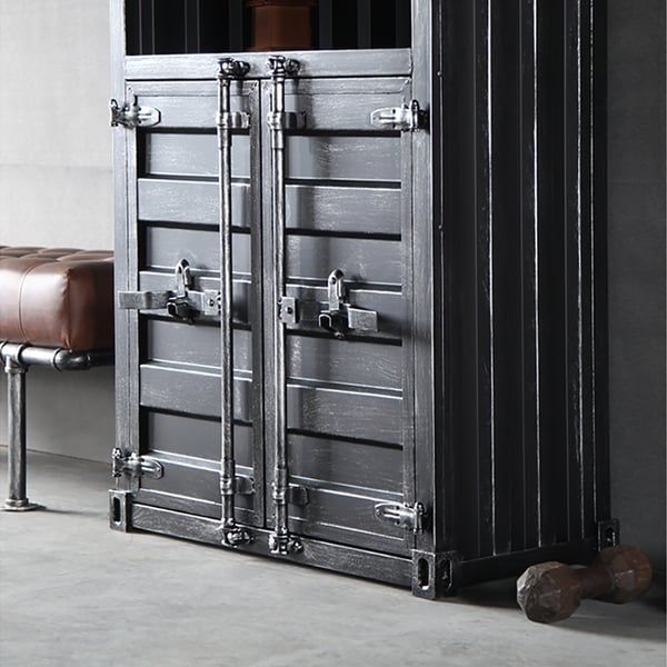 Industrial Cargo Container Style Standard Bookshelf with Doors in Silver Black MetalHomary