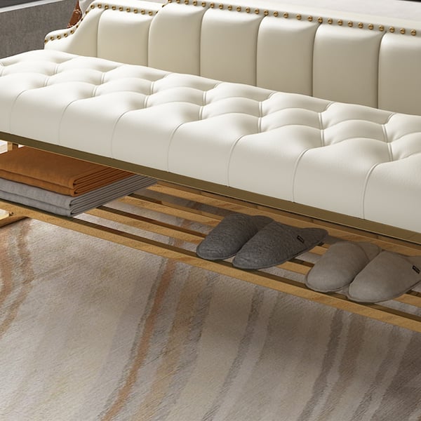 Modern Storage Entryway Bench Beige Faux Leather Upholstered Ottoman