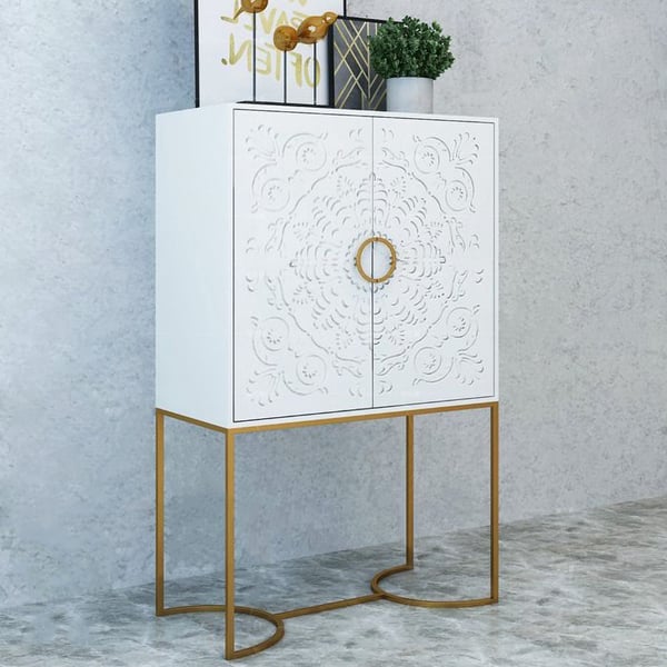 White and Gold Bar Tall Carved Wood Accent French