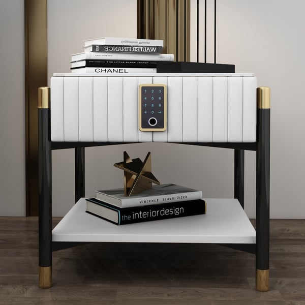 White Upholstered Bedside Table 1Drawer Nightstands with Electronic