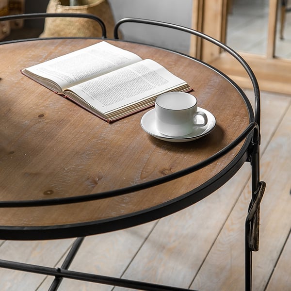 Retro Round Coffee Table with Wooden top Metal Legs Homary