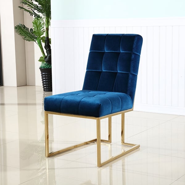 Modern Blue Velvet Upholstered Dining Chair Stainless Steel Leg in Gold
