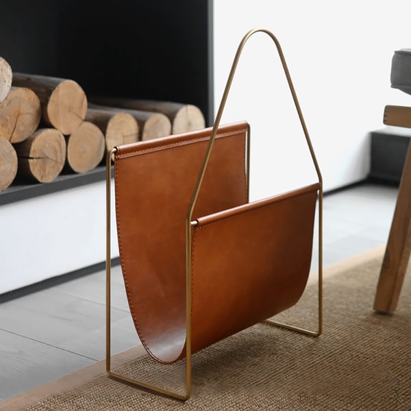 Brown Leather Magazine Rack in Stainless Steel Homary UK