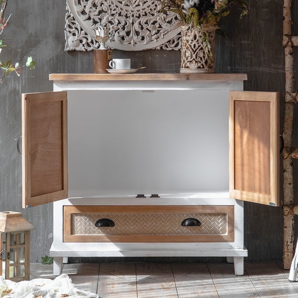 31" Rustic Distressed White Entryway with 2 Doors 1 Drawer in