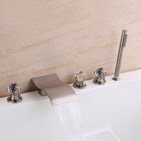 Deck Mounted Waterfall Roman Tub Faucet with Hand Shower Triple Crystal