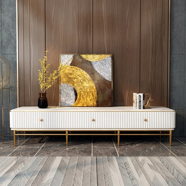 White and Gold TV Stand For TVs Up To 75" 3 Drawers Faux Marble Top Mid