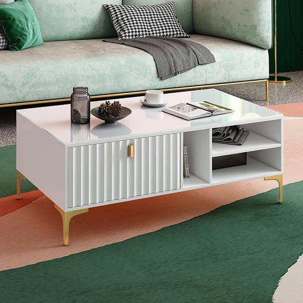 White and Gold Rectangle Coffee Table with Storage 2 Drawers & 3 ...