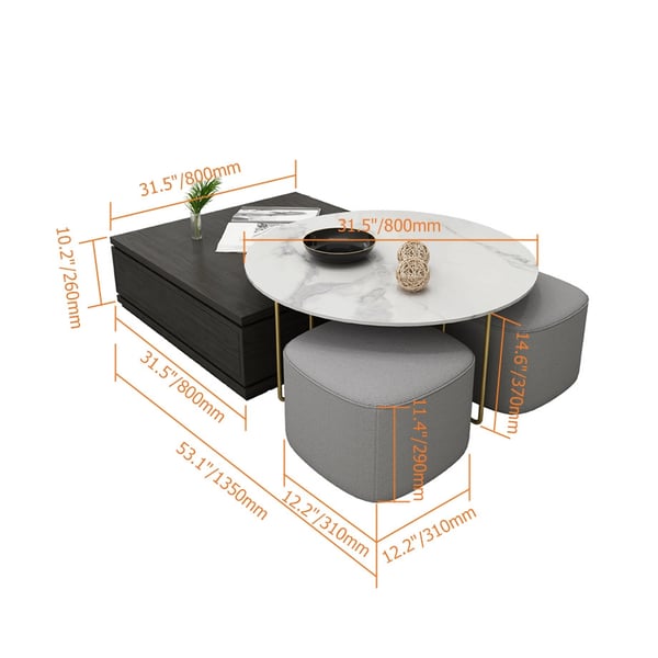 Round and Square Nesting Coffee Table Set with Ottomans and Storage 2
