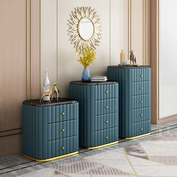 Modern 4 Drawer Black Faux Marble Top Dresser Chest with Blue Faux