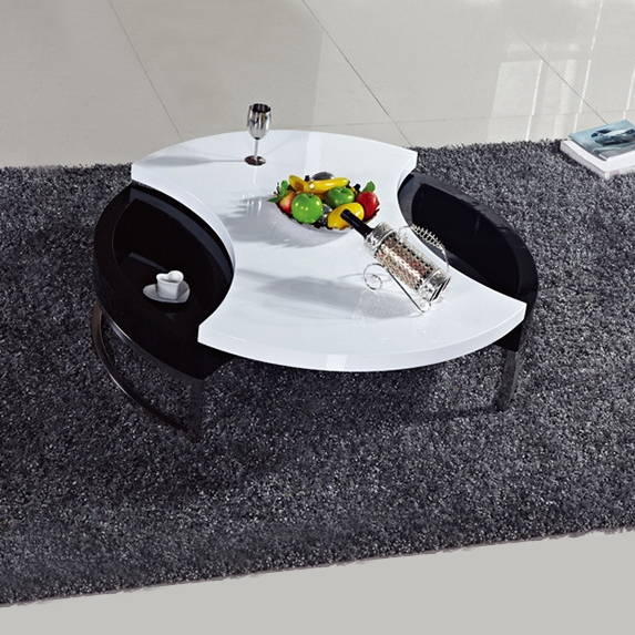 Modern White & Black Round Swivel Coffee Table with Storage & Stainless