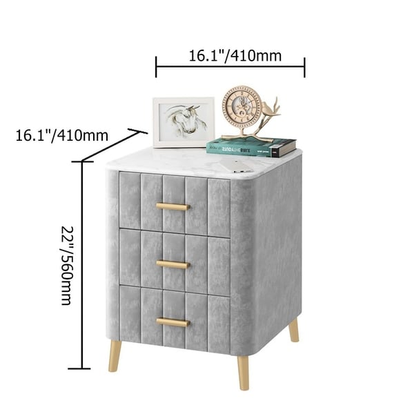 Modern Grey Velvet Nightstand & 1 Round Upholstered Velvet OttomanHomary