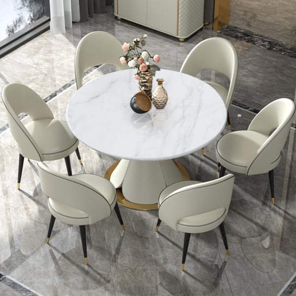 47.2" White Round Marble Dining Table with Stainless Steel Base with PU