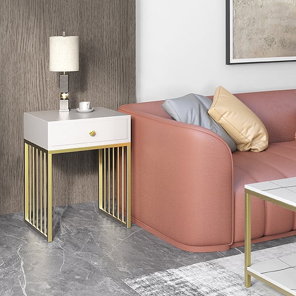 Modern Side Table Nesting End Table with Shelf & Drawer in Gold & White