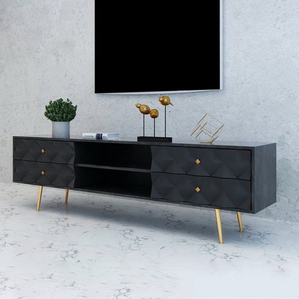 79" Black and Gold MidCentury Wood TV Stand with Storage 4 Drawers
