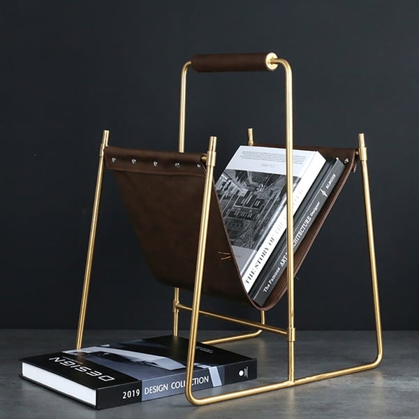 Stylish Decorative Magazine Rack in Brown&Gold Leather | Homary