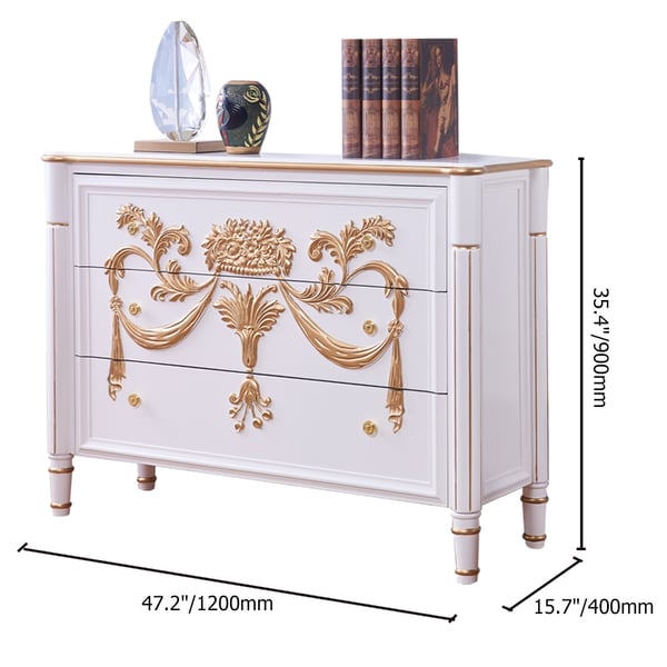 47" Classic White Entryway Embossed Flower Patterns 3 Drawers