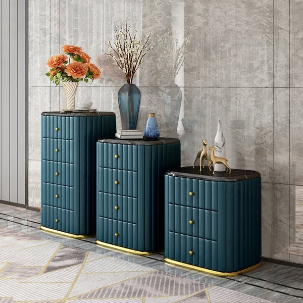 Modern 4 Drawer Black Faux Marble Top Dresser Chest with Blue Faux