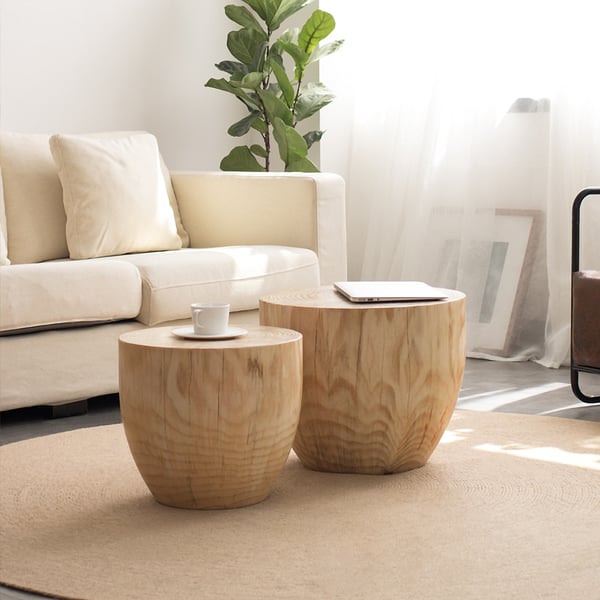 Round Natural Pine Wood Drum 2 Piece Coffee Table Set for Living Room