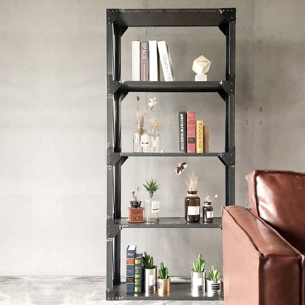4 Shelf Industrial Loft Bookshelf Metal Bookcase Brushed Black Display ShelfHomary